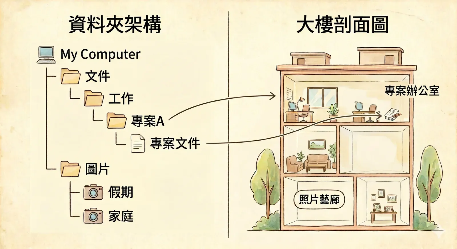 資料夾結構就像大樓的樓層與房間